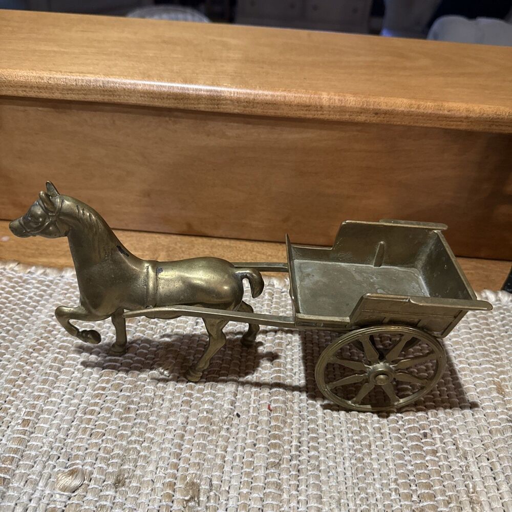 Vintage Brass Large Horse & Cart 10 3/4” MCM